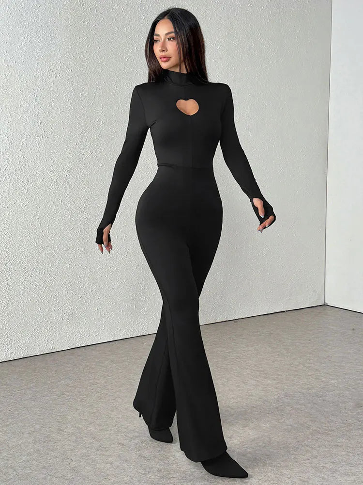 Women New Jumpsuit Autumn Black Sexy Hollow Out Jumpsuit Streetwear Fashion Long Sleeve Turtleneck Elegant Lady Knitted Clothing