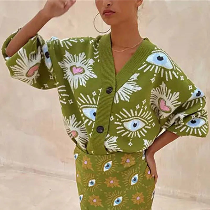 Vintage Geometric Print Sweater Cardigan Woman Elegant Single Breasted V Neck Jacket Autumn Long Sleeve Loose Knitwear Top Mujer