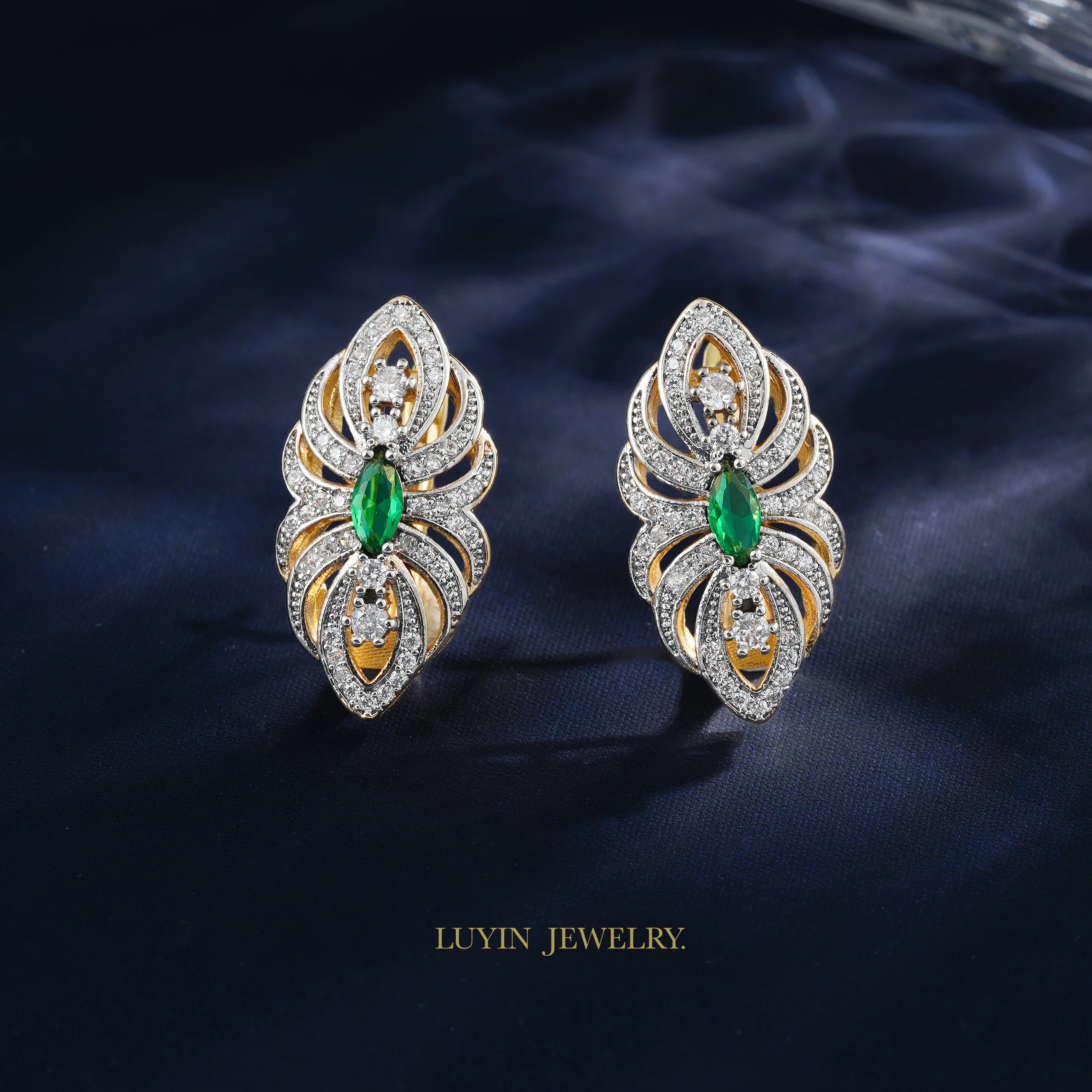 LUYIN Well-Chose Bohemian Style Shiny Inlaid Earrings Ring Set Copper Plated 14K Gold 2 Color For Women's Wedding Decoration