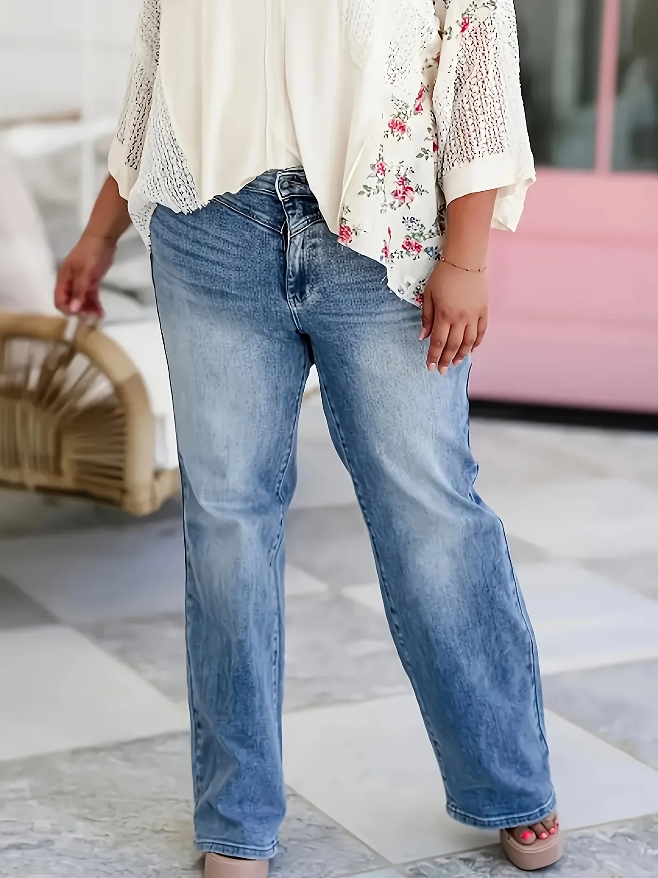 Women's Plus Size Straight Jeans - Summer Temperament Commuter Washed Plus Size Pocket Solid Color Elegant Jeans