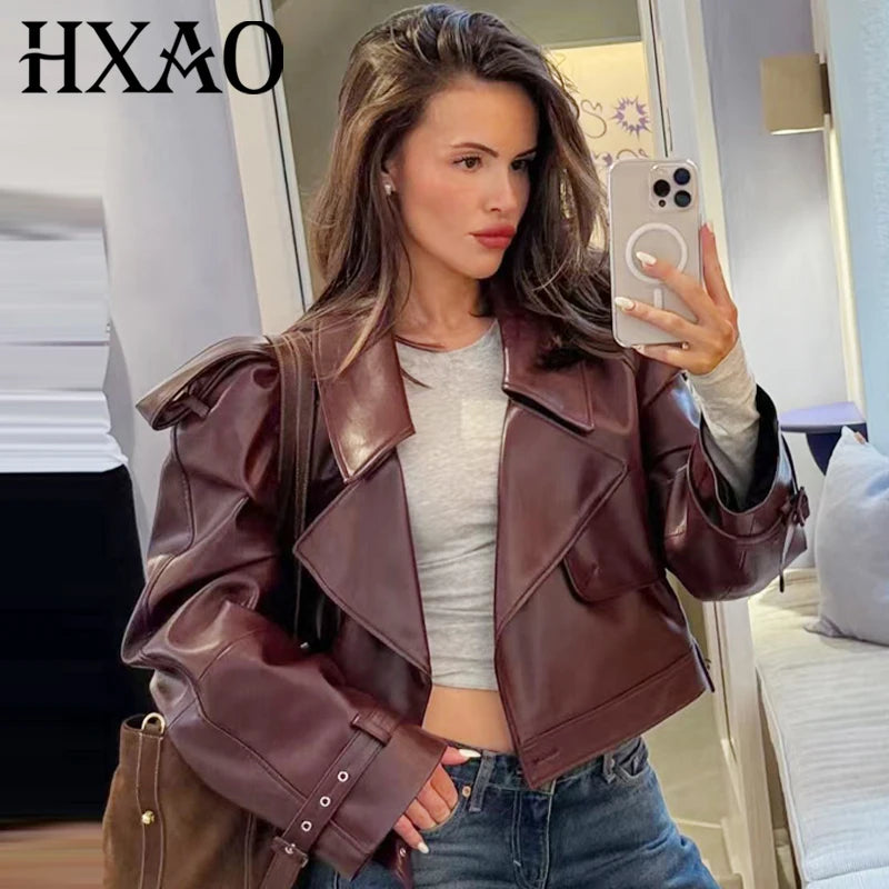 HXAO Cropped Leather Jacket Women's Jacket Autumn 2025 Burgundy Black Outerwears Women's Long Sleeve Top Coat Motorcycle Jacket