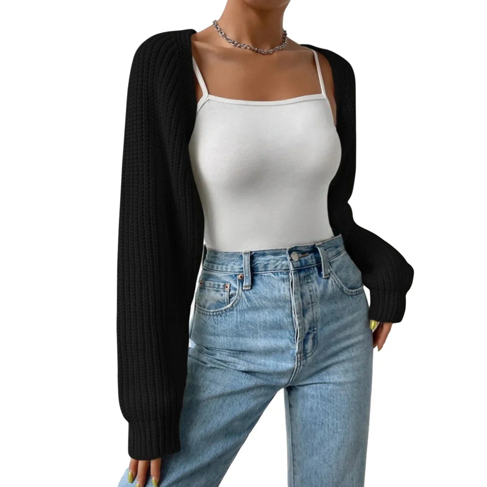 Women's Fashion Open Front Crochet Cardigan Casual Long Sleeve Solid Color Sweater Ribbed Knit Shrug Sweater Bolero Tops