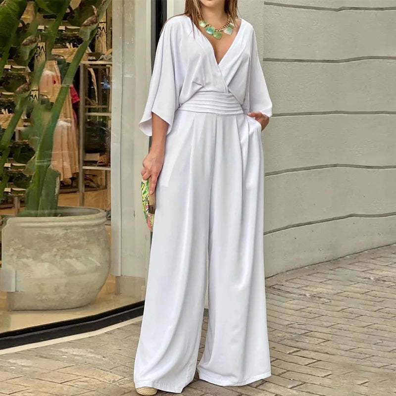 Fashion Solid Jumpsuit Lady V-Neck Pockets High Waist Wide Leg Pants Jumpsuits For Women Elegant Office Jumpsuits Spring Summer