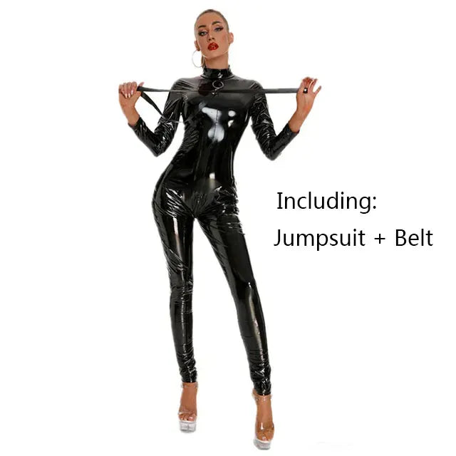 Women Skinny Faux Leather Jumpsuit Black Shiny PU Latex Bodysuit Sexy Zip Open Crotch Catsuit Clubwear PVC Latex Bodysuit