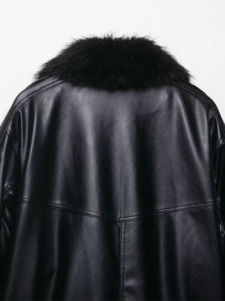 HH Women's Autumn New Fashion Jackets Black Fur-Trimmed Lapel Long Sleeves Pockets Zipper Female High Street Loose Coats