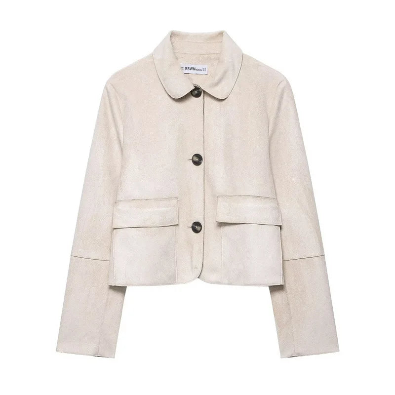 Female Elegant Lapel Single-breasted Pockets Decoration Solid Street Style Jackets Women Autumn Vintage Slim Short Jacket