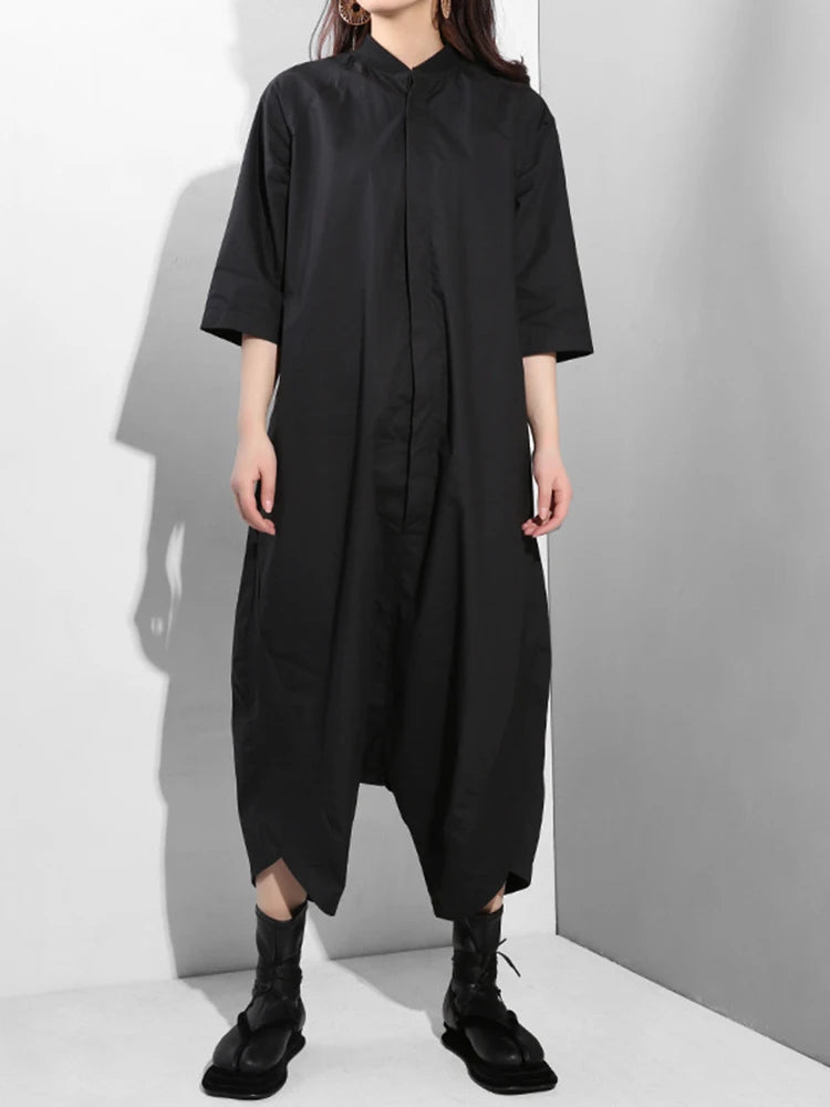[EAM] Loose Fit Women Black Wide Leg Long Jumpsuit New High Waist Pocket Stitch Pants Fashion Tide Spring Autumn 2025 YA11601