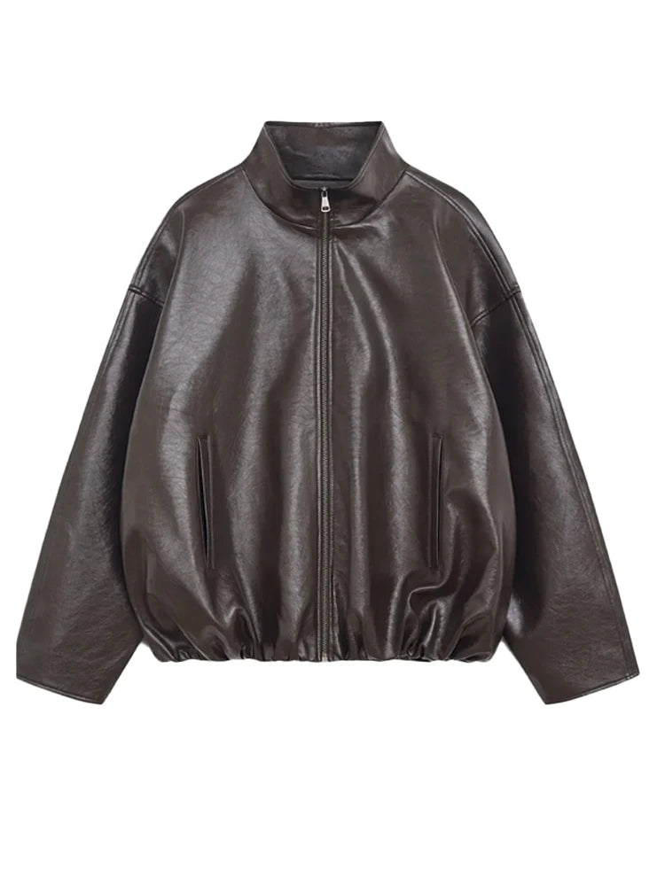 Green Patchwork Leather Short Jacket Women Casual Stand Collar Long Sleeve Loose Mini Coat 2025 Lady Autumn Daily Street Coats