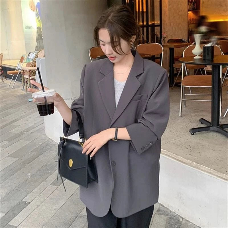 New Arrival Slim Fit Grey Blazer Jacket for Petite Women - Casual Chic Asymmetric Hem Design, Unique Small Size Office-Ready
