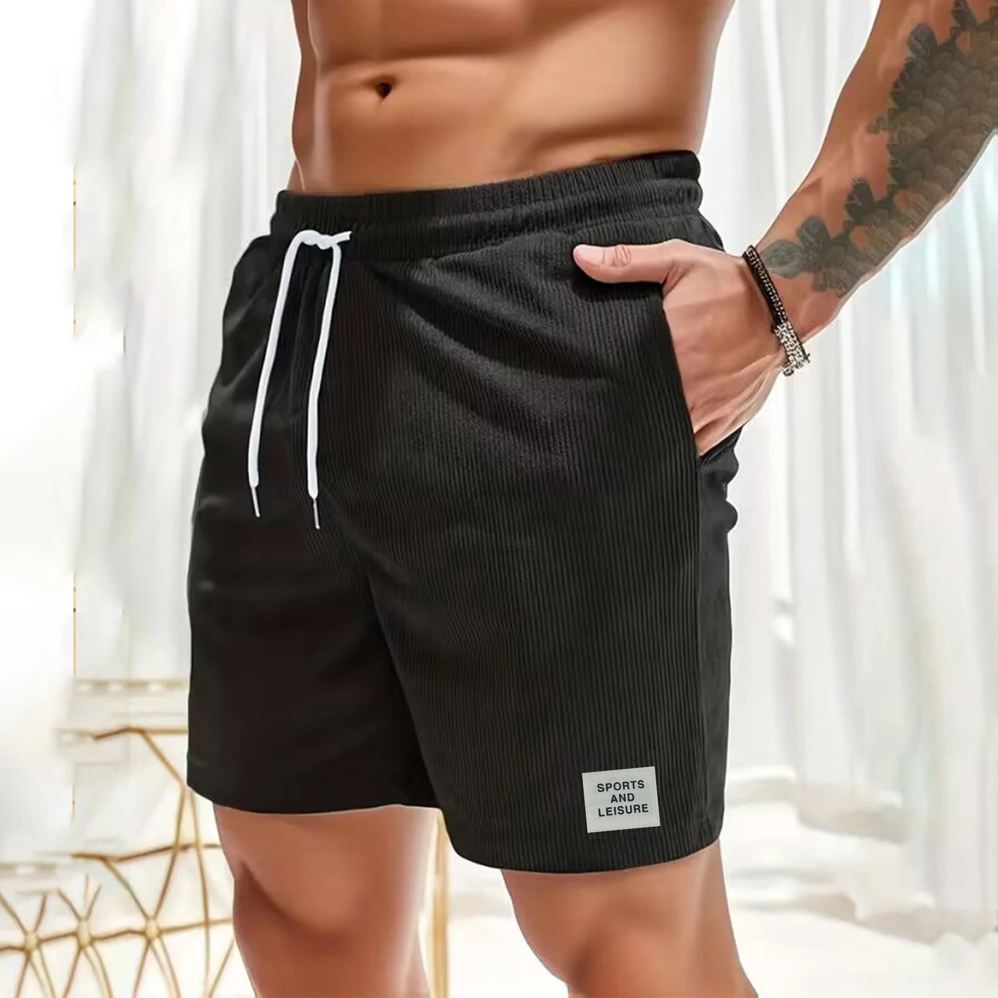 Summer new solid color lace-up sweatpants corduroy simple quarter shorts men's shorts casual pants