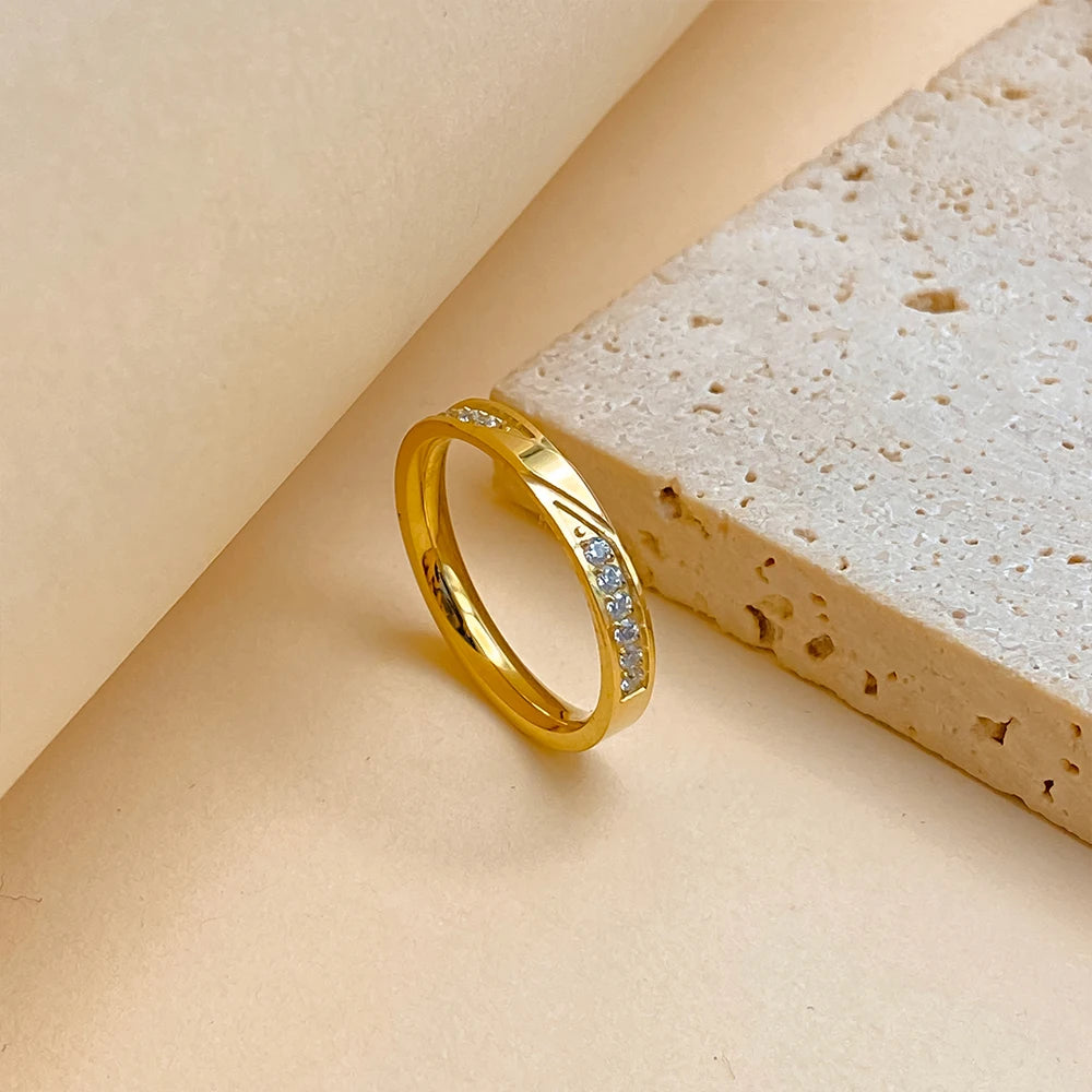 eManco Gorgeous Minimalist Twisted Band Crystal Stainless Steel PVD Ring Gold Color Women's Daily Office Date Trendy Jewelry