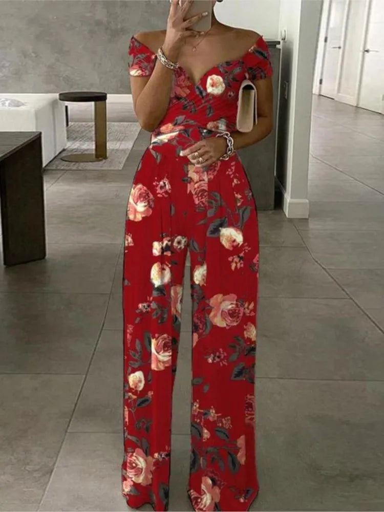 Fashion Print Jumpsuit Women's Short Off Shoulder V-Neck Wide Leg Pants Jumpsuits Female Office Womens Clothing Jumpsuit Summer