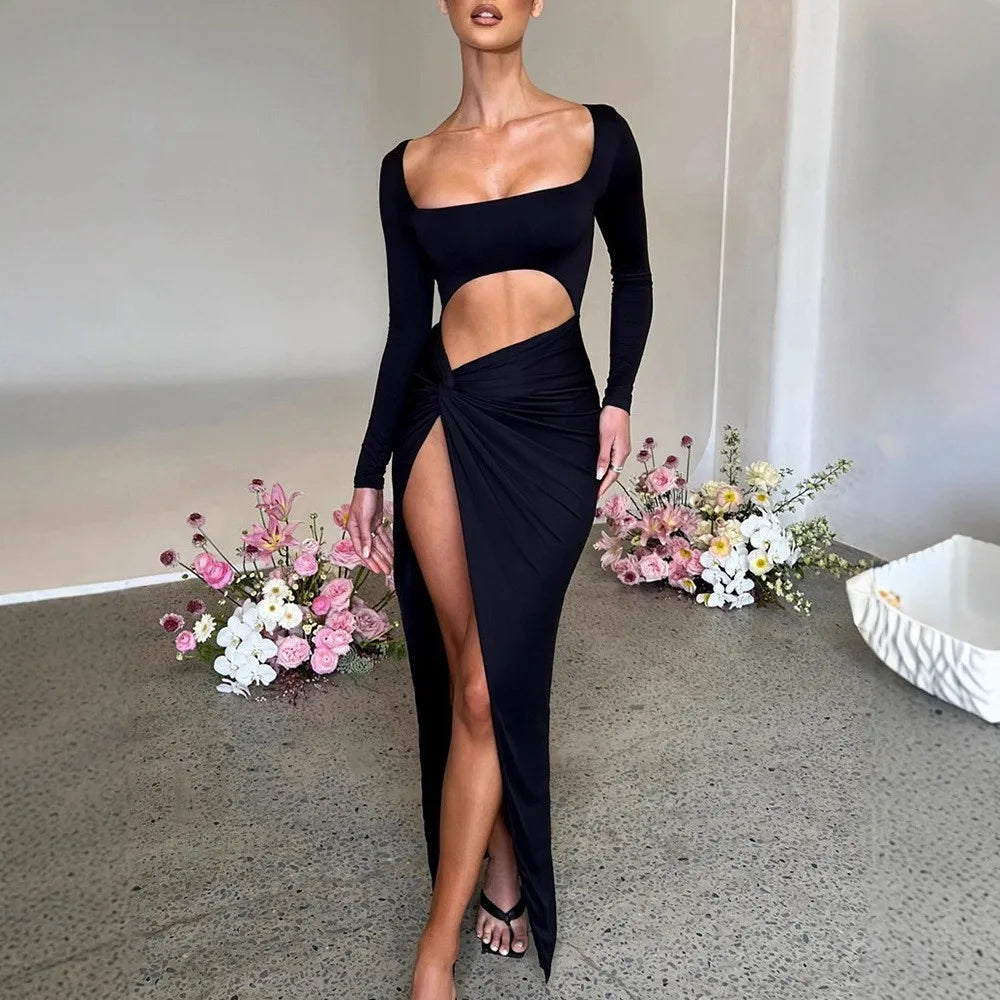 Summer Sexy Street Fashion Hollow Square Neck Long Sleeve Slit Dress Trendy Elegant Women's Gown for Party And Evening