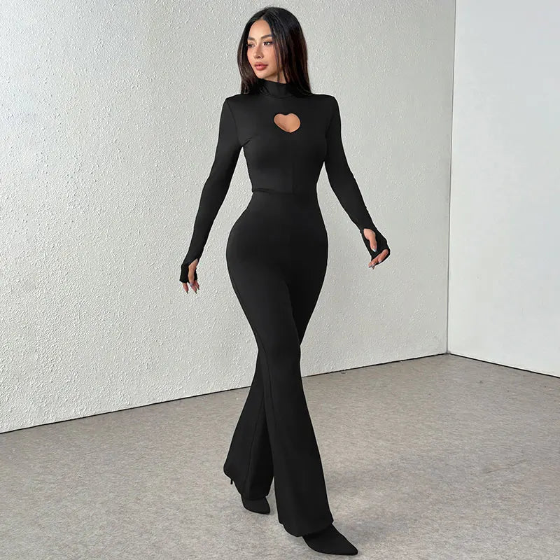 Women New Jumpsuit Autumn Black Sexy Hollow Out Jumpsuit Streetwear Fashion Long Sleeve Turtleneck Elegant Lady Knitted Clothing