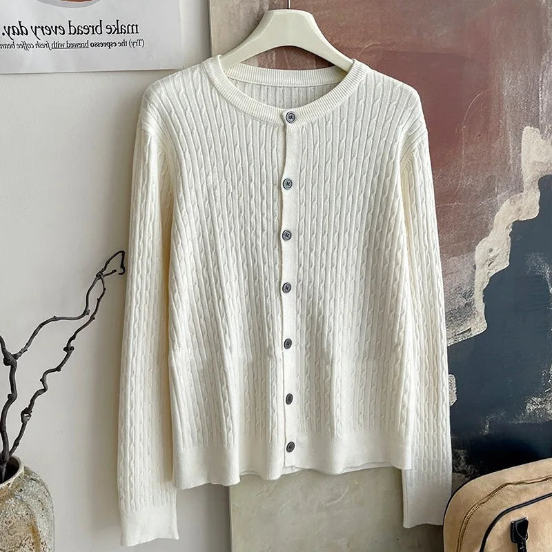 2025 Pure Color Long Sleeve Single Breasted Knitted Sweater Autumn Winter Women's Crew Neck Cardigan New Casual Versatile Tops
