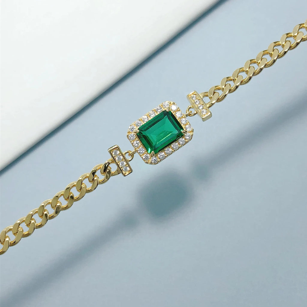 Luxury 100% Real 18k Gold  Women's Vintage Emerald Diamond Bracelet Square Moissanite Bracelet
