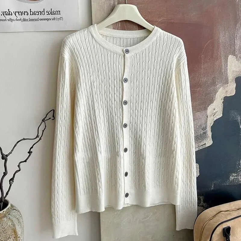 2025 Pure Color Long Sleeve Single Breasted Knitted Sweater Autumn Winter Women's Crew Neck Cardigan New Casual Versatile Tops