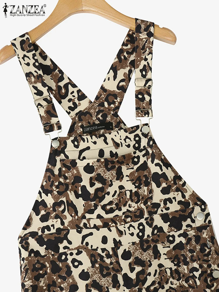 ZANZEA Casual Leopard Print Jumpsuits 2025 Summer Overalls Women Pockets Fashion Wide Leg Pants Loose Streetwear Long Rompers