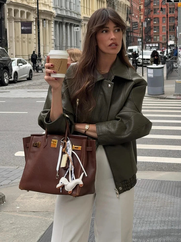 Green Patchwork Leather Short Jacket Women Casual Stand Collar Long Sleeve Loose Mini Coat 2025 Lady Autumn Daily Street Coats