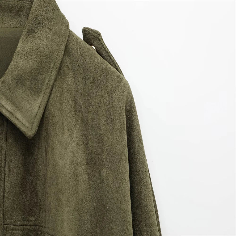 2025 Women Faux Suede Collared Jacket with Shoulder Straps Loose Fit Stylish Olive Green for Sale on