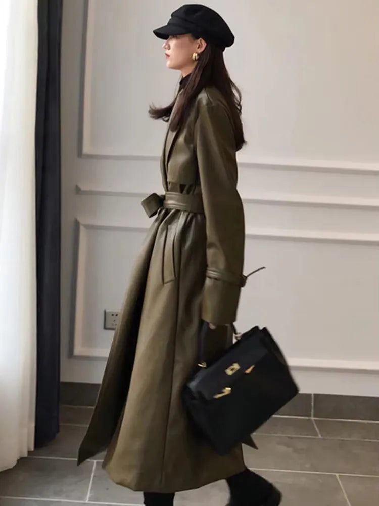 Mauroicardi Spring Autumn Long Waterproof Pu Leather Coat Women Sashes Elegant Luxury Chic Korean Fashion Clothes Overcoat 2025