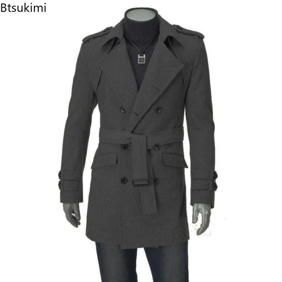 New Autumn Winter Men's Korean Woolen Overcoats Fashion Slim Double Breasted Lace-up Trench Coats Mid-length Windbreaker Jackets