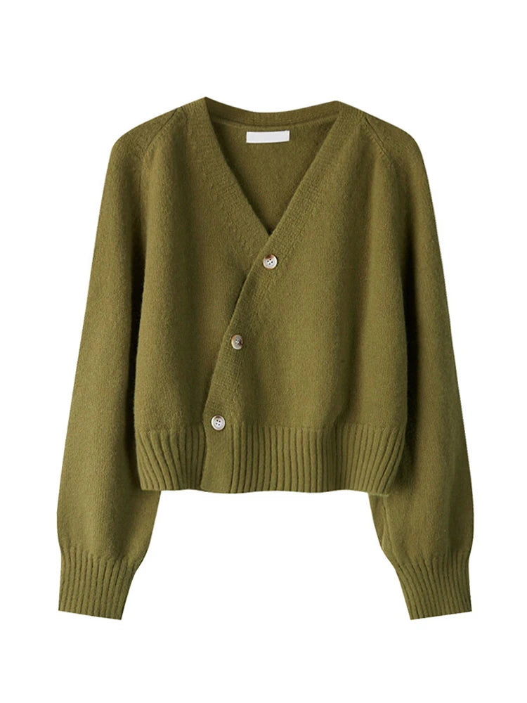 2025 Autumn Winter Skew Button Cardigan V-neck Sweater Women Knitted Long Sleeve Tops Korean Loose Solid Cashmere Woman Sweater