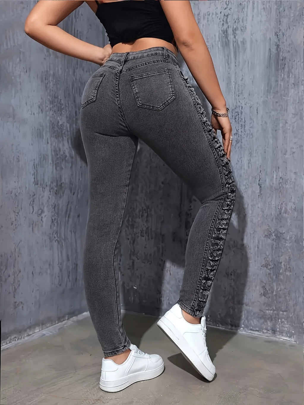 Women's fashionable classic black and gray side layered ripped elastic slim fit and hip-retracted casual nine-point foot jeans