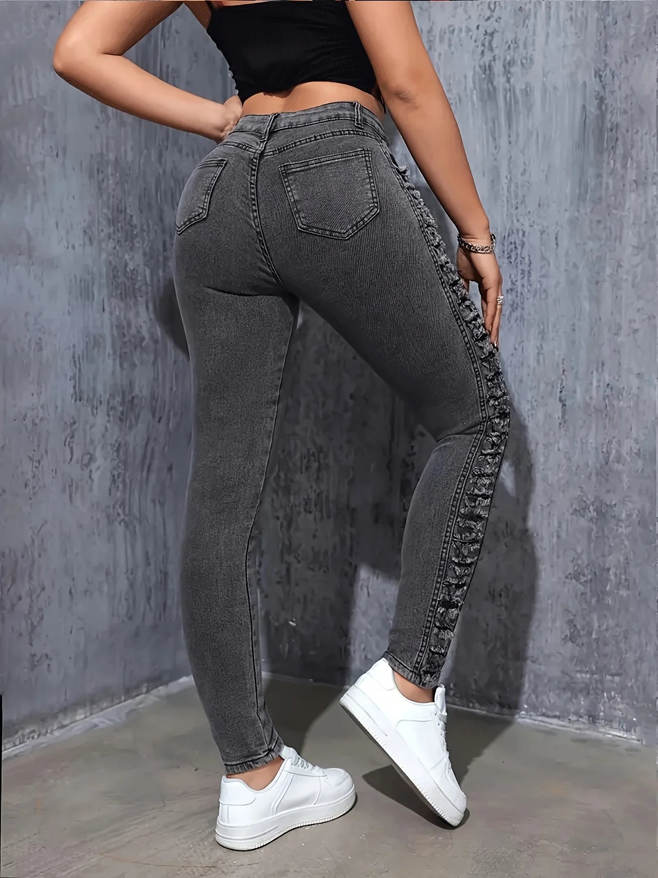 Women's fashionable classic black and gray side layered ripped elastic slim fit and hip-retracted casual nine-point foot jeans