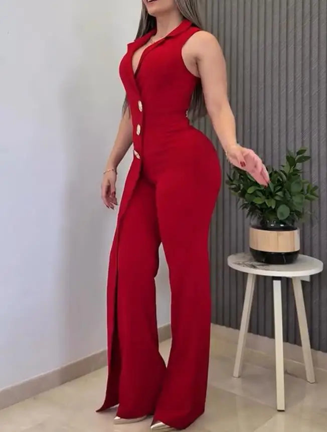 2025 Elegant Sexy Button Decor Notched Collar Overlap V-Neck Sleeveless Wrap Front Overalls Casual Zipper Back Long Jumpsuit