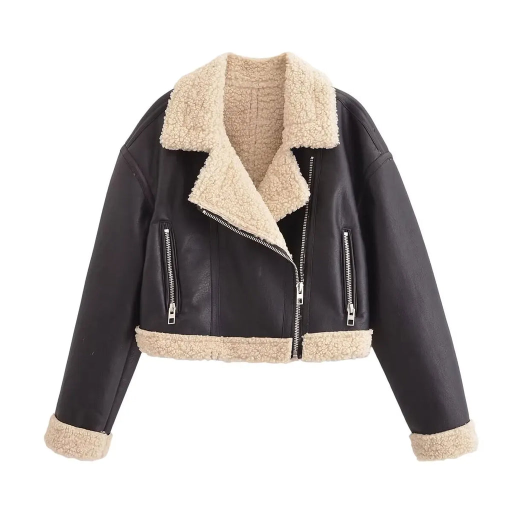 HH Female 2025 Autumn Street Fashion Leather Jacket Causal Lapel Long Sleeves With Pockets Zippers Fly Vintage Coats