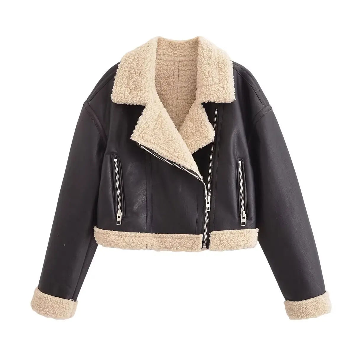 HH Female 2025 Autumn Street Fashion Leather Jacket Causal Lapel Long Sleeves With Pockets Zippers Fly Vintage Coats