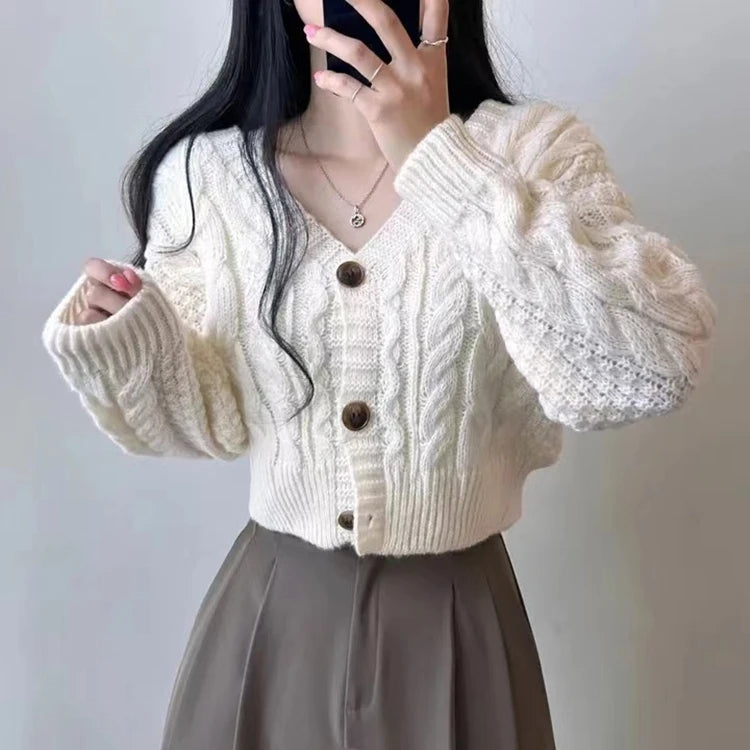 Cable Knit Crop Cardigan Sweater for Women Long Sleeve Button-up Boxy-fit Crop Sweater Jacket Teen-girl Fall Winter Y2K Outfit