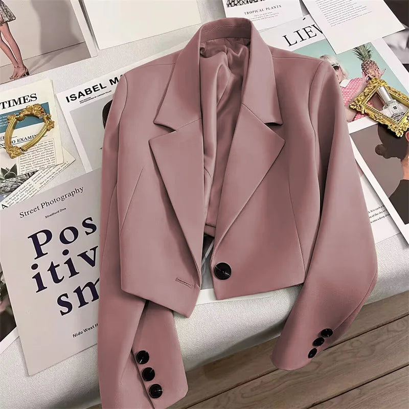 2025 Autumn Black Cropped Blazers Woman Trend New All-match Notched Collar Crop Jacket Women Korean Chic Single Button Suit Coat