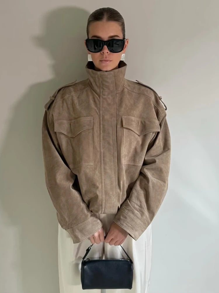 Winter Khaki Suede Leather Women's Jacket Fashion Stand Collar Zippers Pockets Women Coat 2025 Autumn New Female Vintage Outwear