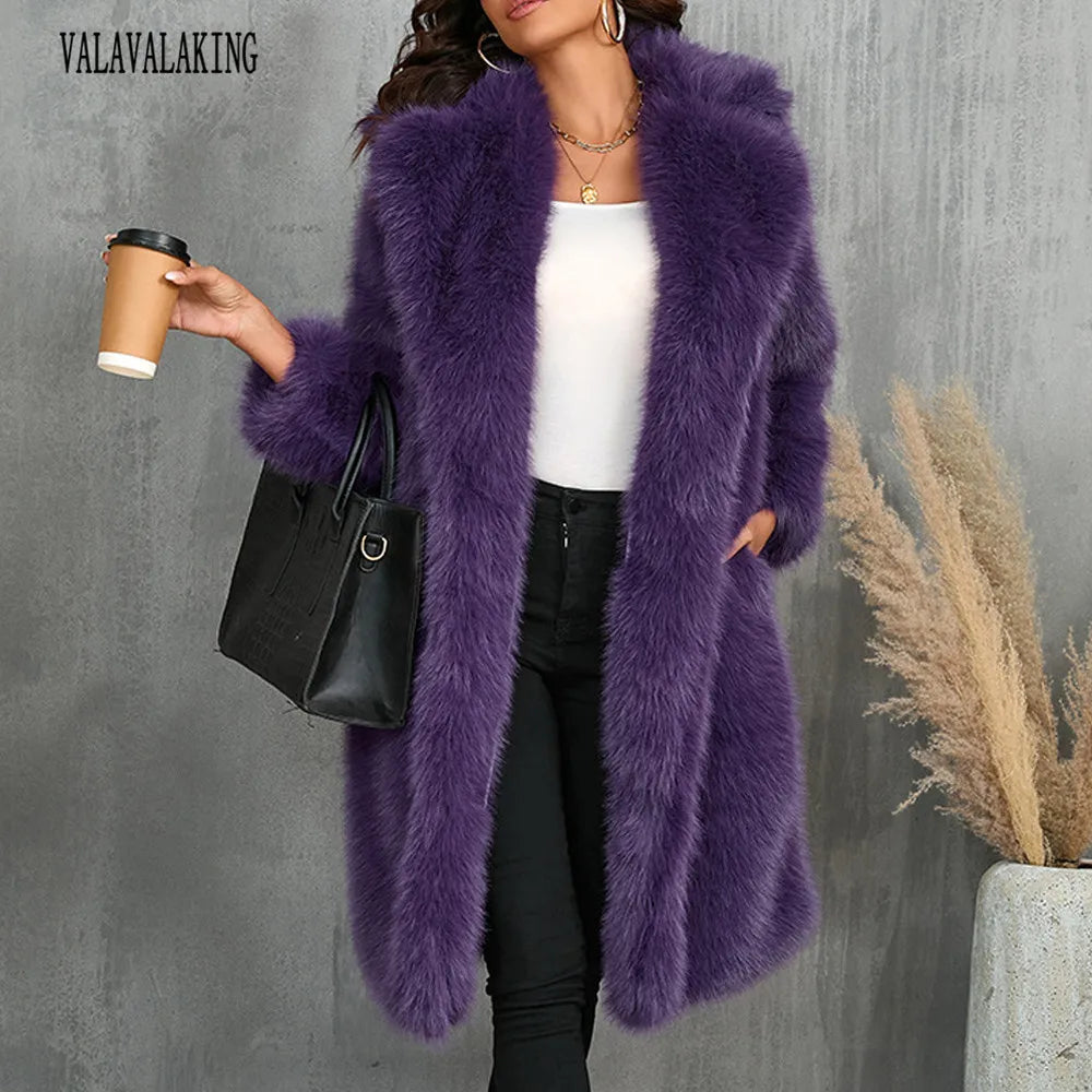 2025 Winter Plus Size Faux Fur Long Coat Women Big Collar Long Sleeve Fluffy Cardiga Jacket Lady Large Thick Warm Furry Outwear