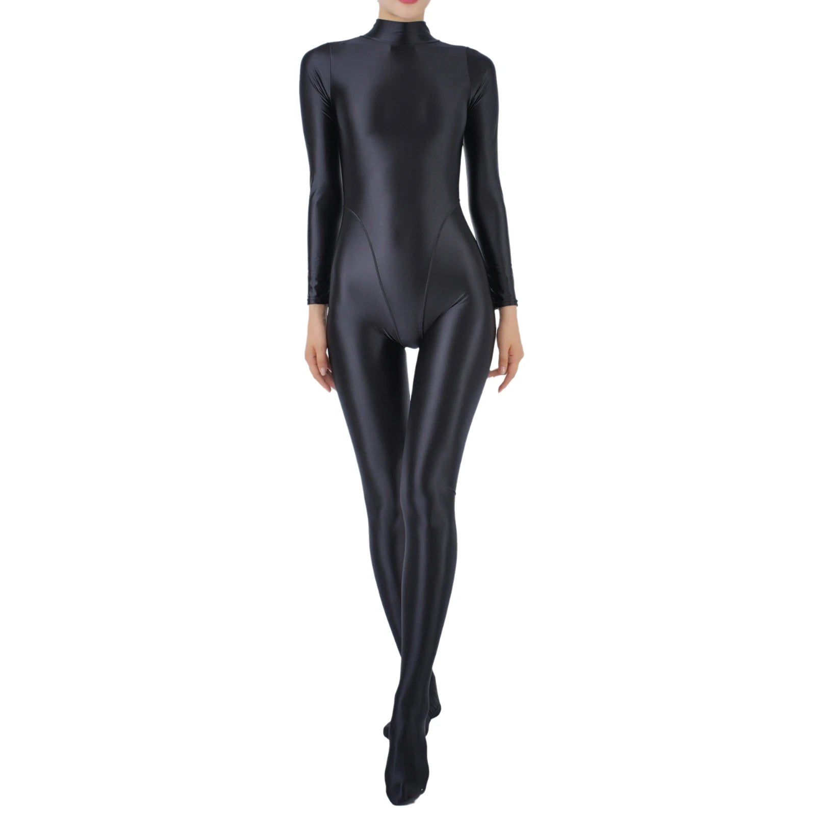 Women Glossy Jumpsuit One Piece Swimsuit Long Sleeve Tights Full Body Bodysuit Workout Fitness Yoga Rash Guard Surfing Swimwear