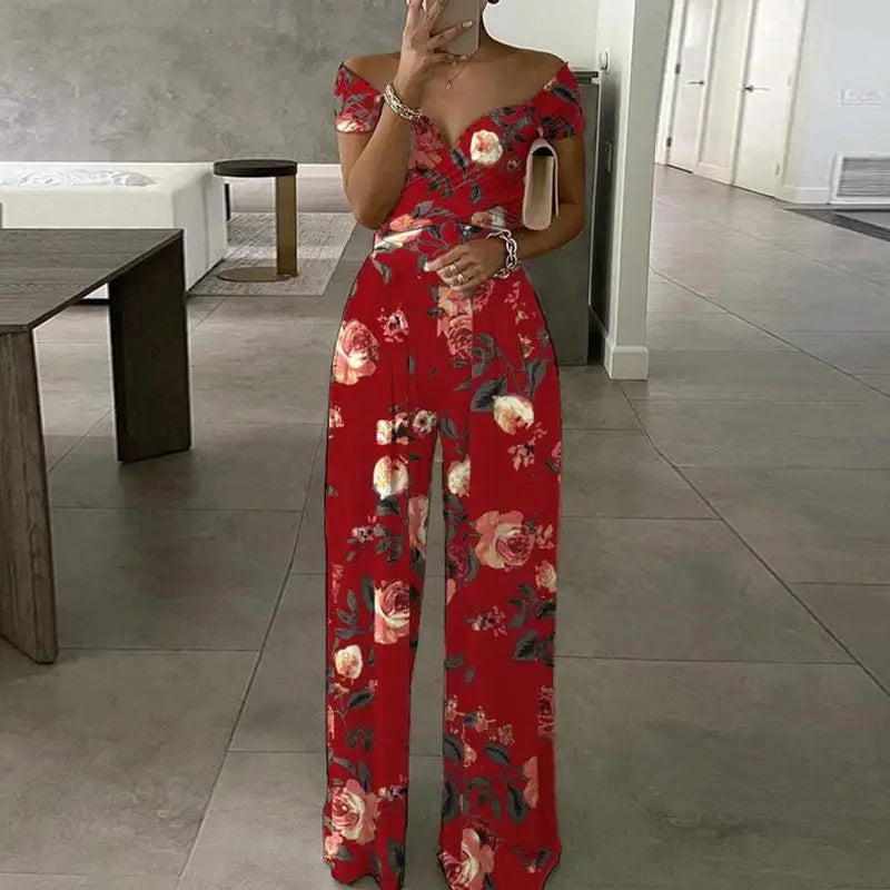Fashion Print Jumpsuit Women's Short Off Shoulder V-Neck Wide Leg Pants Jumpsuits Female Office Womens Clothing Jumpsuit Summer