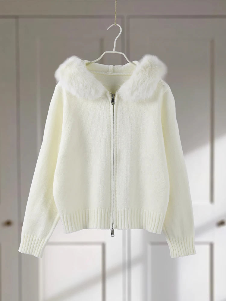 2025 Autumn Winter Women's Knitted Fur Hooded Cardigan Double Zipper Full Sleeve Sweater Fashion Warm Solid All-match Knitwear