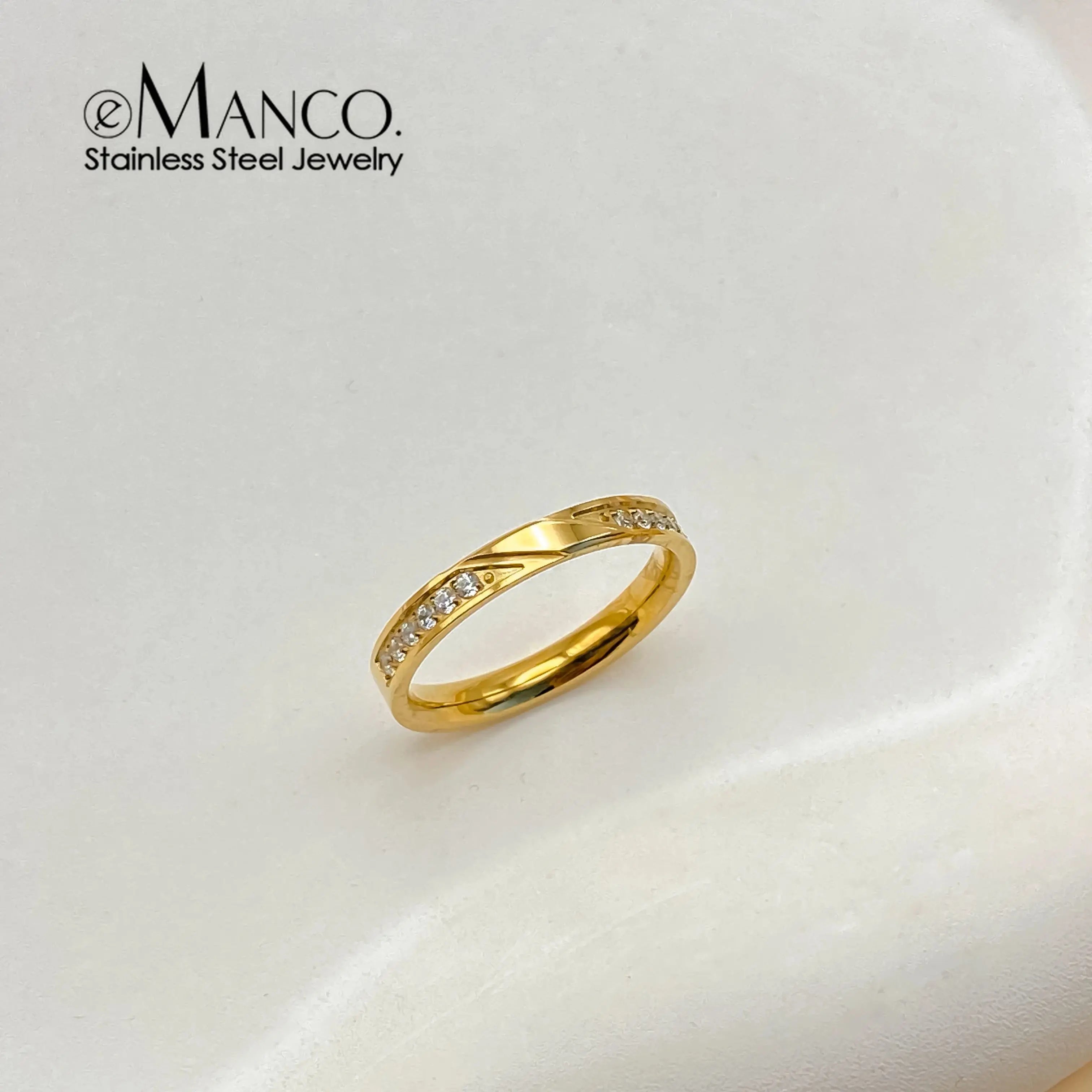 eManco Gorgeous Minimalist Twisted Band Crystal Stainless Steel PVD Ring Gold Color Women's Daily Office Date Trendy Jewelry