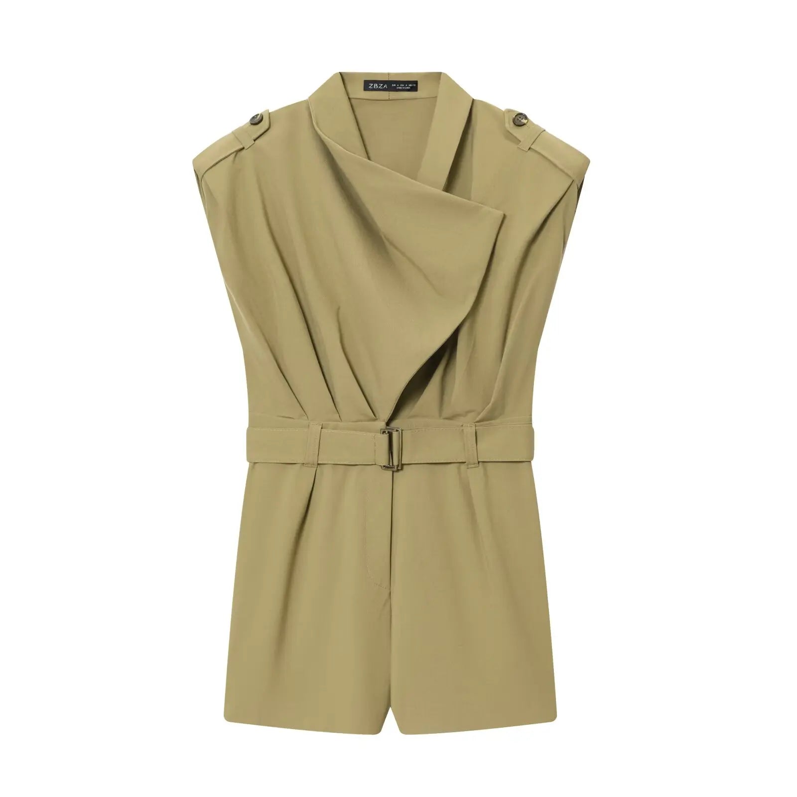 HH Women Fashion Slim Button Shoulder Pad Short Belt Decoration Jumpsuits Women Sexy Solid Sleeveless Zipper Jumpsuit Mujer