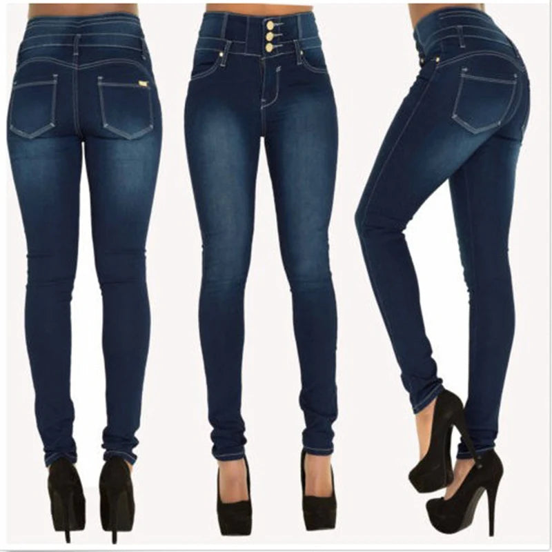 Women Narrow Straight Leg Slim Wrap Hips Jeans Lady Vintage Pencil Long Pants Casual Button Stretch High Waist Skinny Trousers