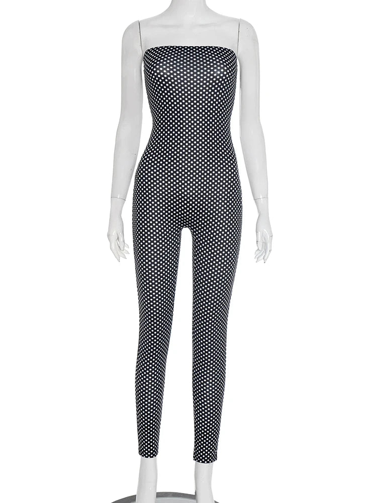 Weird Puss Sexy Polka Dot Print Jumpsuit Women Strapless Skinny Midnight Tight Stretch Workout Activity Hipster Skinny Overalls