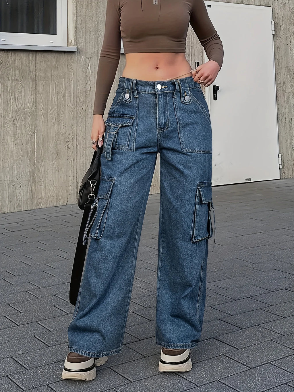 Women's Trendy Cargo Jeans Casual Street Style Zip Multi-Pocket Design With Flap Pockets Tape Elastic Waist Denim Pants