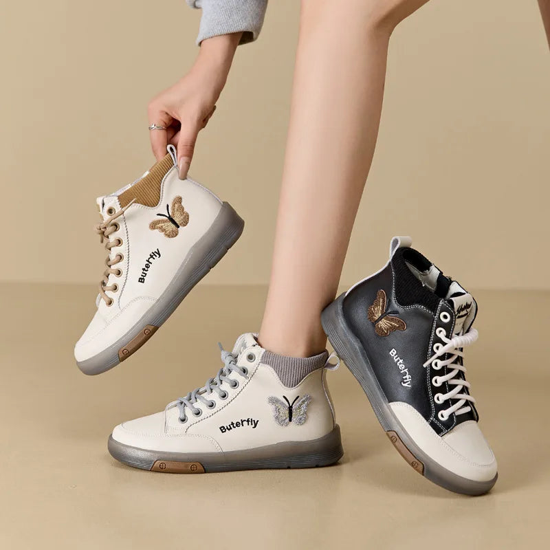 2025 Fashion Women Boots Genuine Leather White Ankle Boots Female Casual Sneakers Plus Size Soft Bottom High Top Women's Shoes