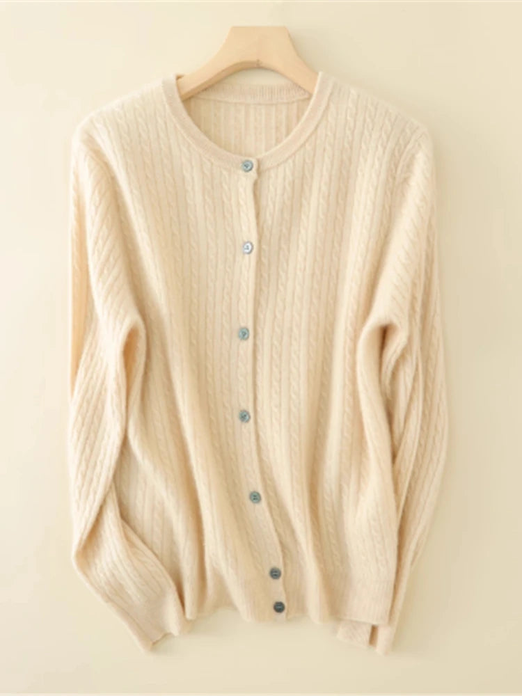 2025 Autumn Winter O Neck Cardigan Women Sweater New Casual Versatile Tops Solid Long Sleeve Single Breasted Cable Knit Sweater
