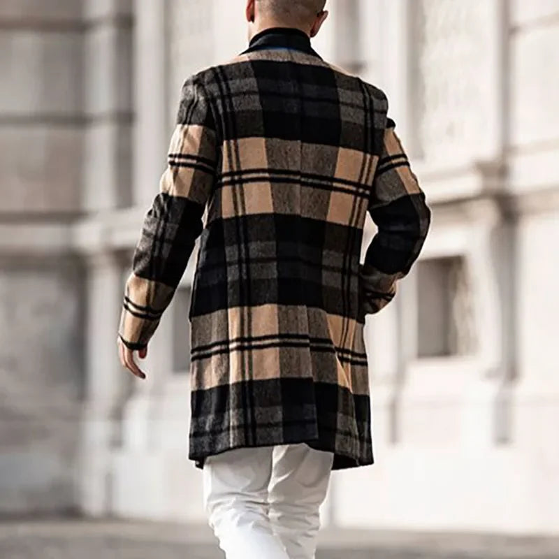 Europe and The United States New Fashion Woolen Coat, Men's Autumn New Spell Color Plaid Casual Lapel in Mid-length Woolen Coat