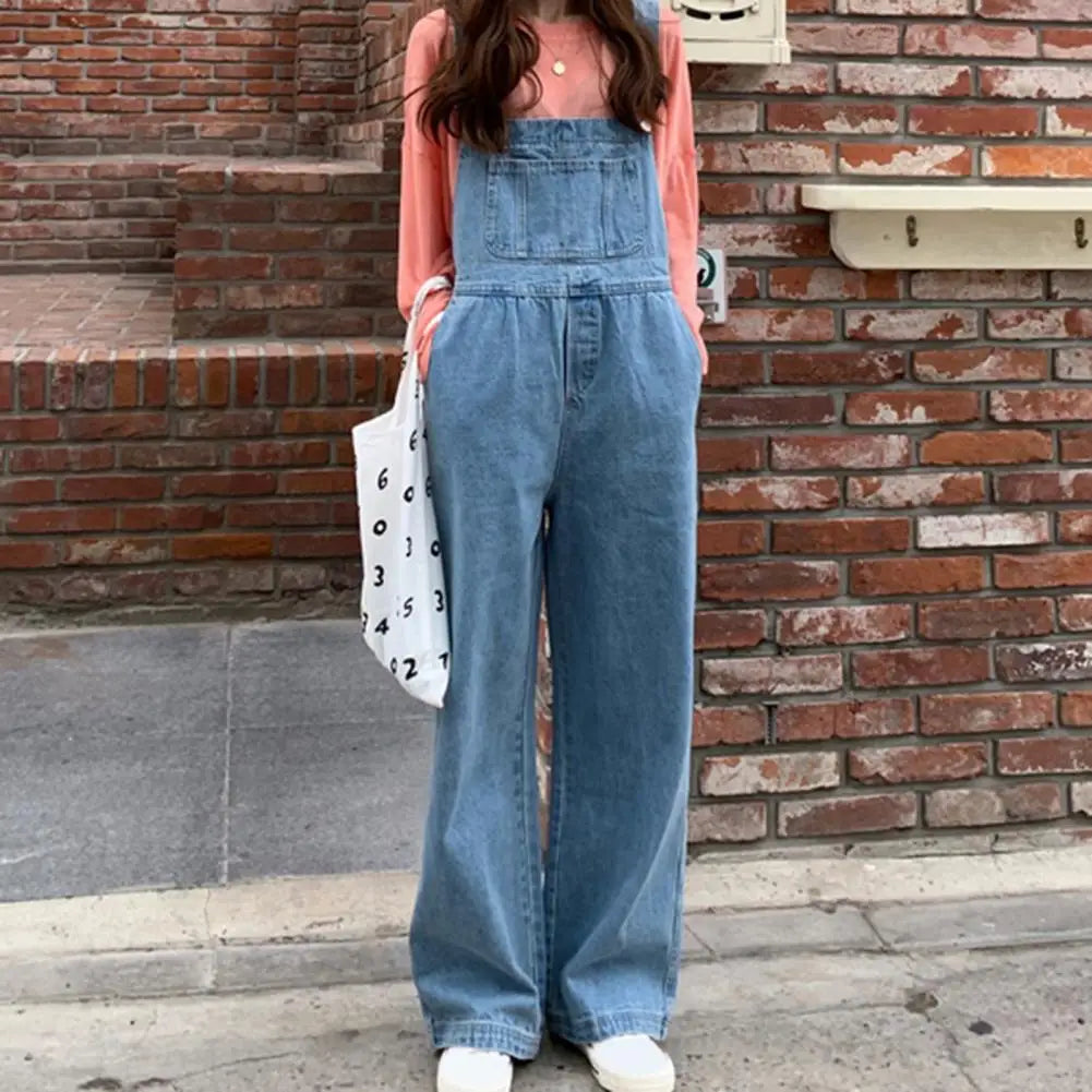 Women's Denim Bib Overalls Wide Leg One Piece Jean Jumpsuits with Adjustable Strap Casual Baggy Jeans Pants with Pockets