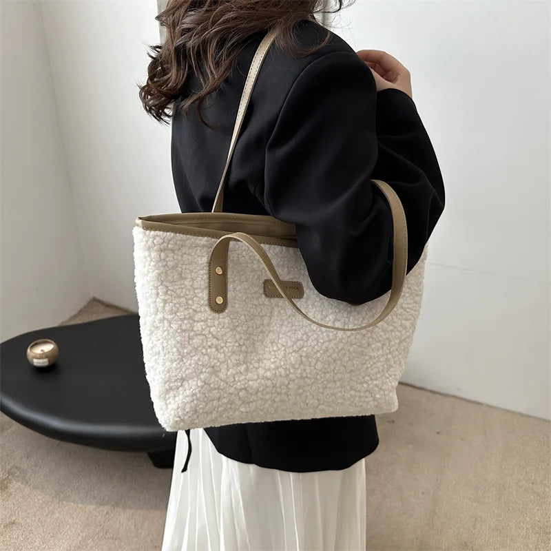 Soft Handbag Large Capacity Fall Winter Shoulder Bag Women Lamb Wool Tote Bag Zipper Closure Casual Shopping Traveling Tote