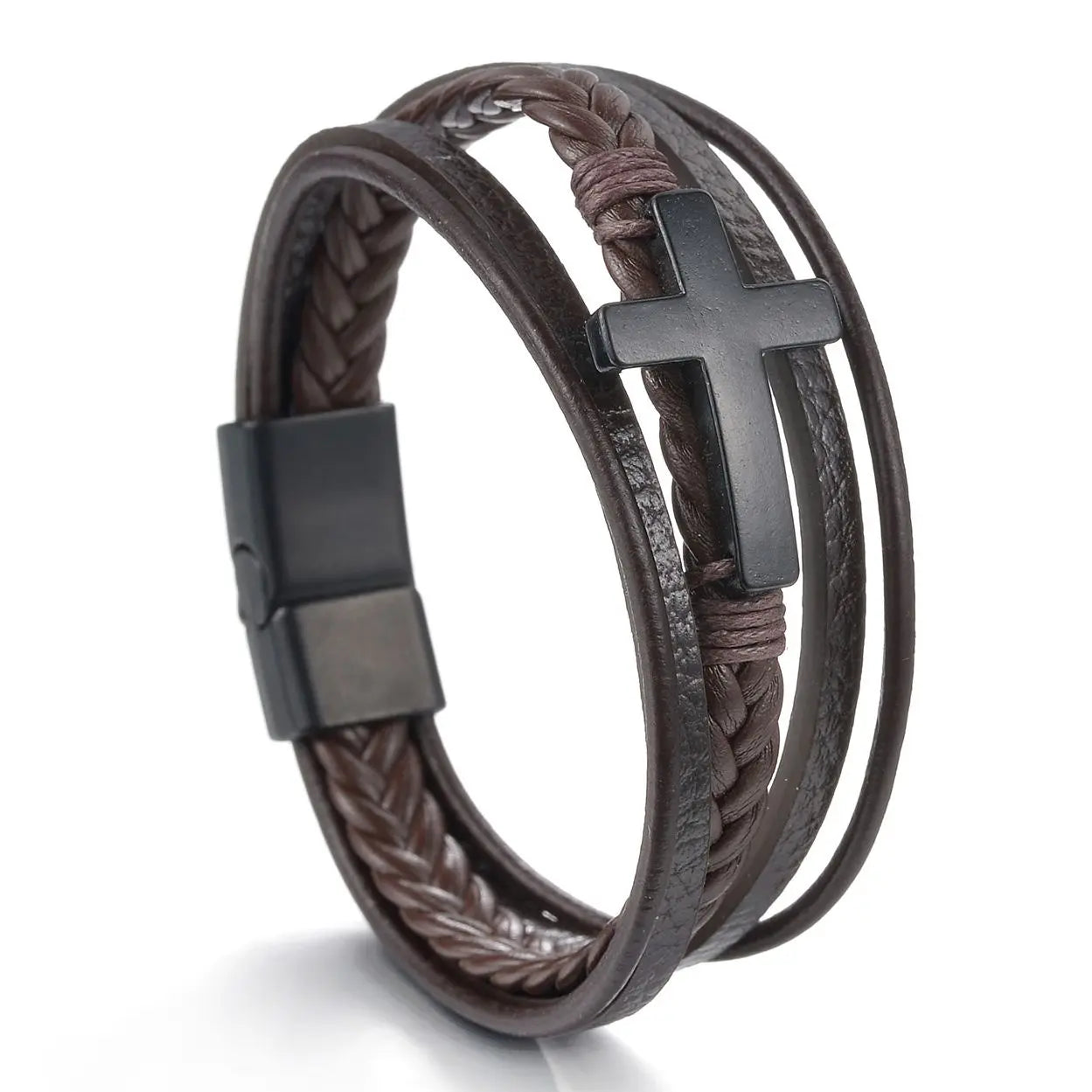 Men's Cross Leather Bracelet Prayer Multi Layer Braided Stainless Steel Fashion Classic Wristband Birthday Gift For Men Women